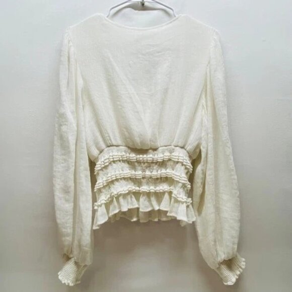 E. Ssue Smocked Waist Blouse Women's Large White Long Sleeve V-Neck Boho EUC - Picture 2 of 6